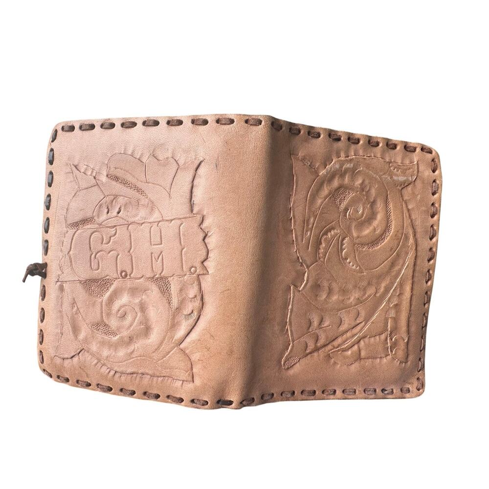Hand Tooled leather handmade wallet soft carved tan natural vintage unique gift
